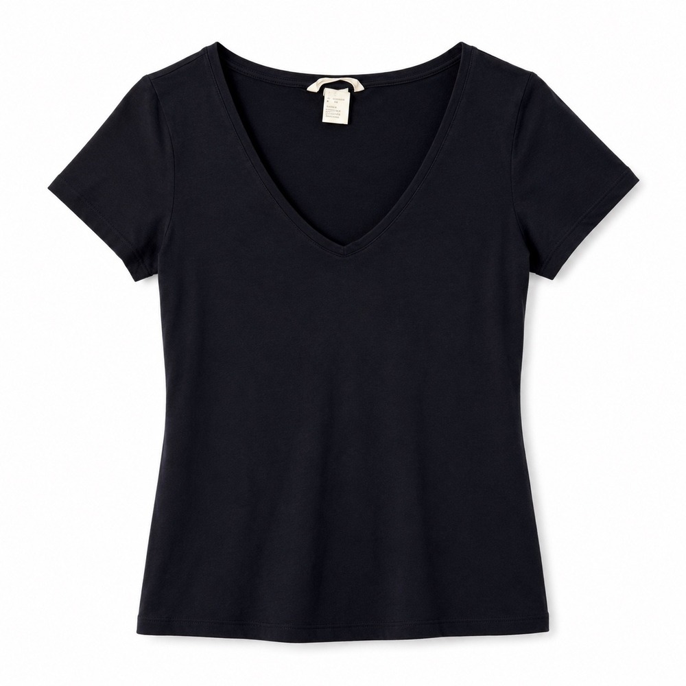 HM Basic Womens V-Neck Short Sleeve Tee Navy Blue Cotton‎ Stretch Shirt Small